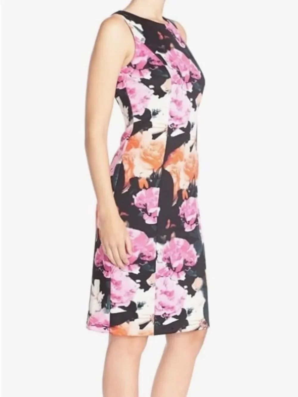 NWT Vince Camuto Black Floral Print Sheath Dress with Pink & Coral Accents